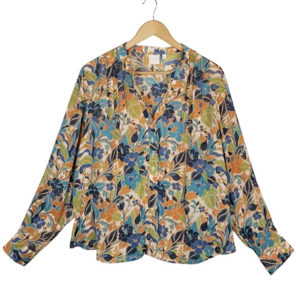 Zach & Rachel Orange Blue Green Floral Long Sleeve V-Neck Popover Blouse 1X - Picture 1 of 6
